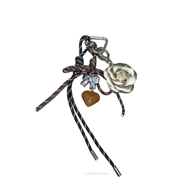 X5XA Unique Design Camellia Flower Heart Keychain Braided Rope Tassels Lightweight Portable Trendy Bag Charm Decoration Gift