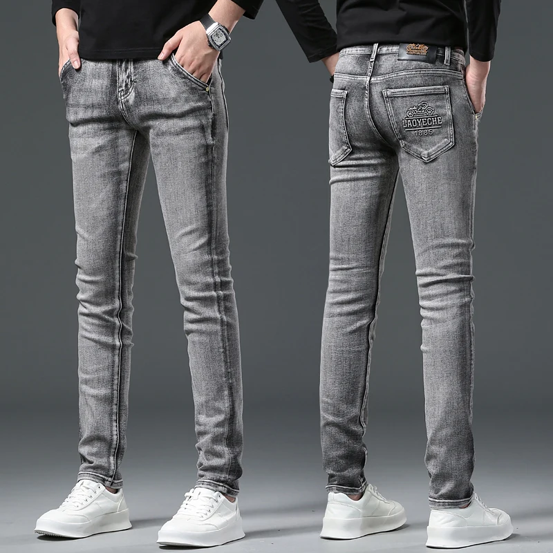 Smoky gray jeans men\'s Stretch Slim Fit Ankle-tied trendy three-dimensional printing fashion casual all-match business pants