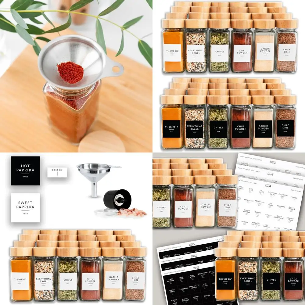 

Набор бамбуковых банок для специй из 24 предметов емкостью 4 унции, этикетки для специй, мельницы для перца, пустые контейнеры, воронки и крышки для шейкеров