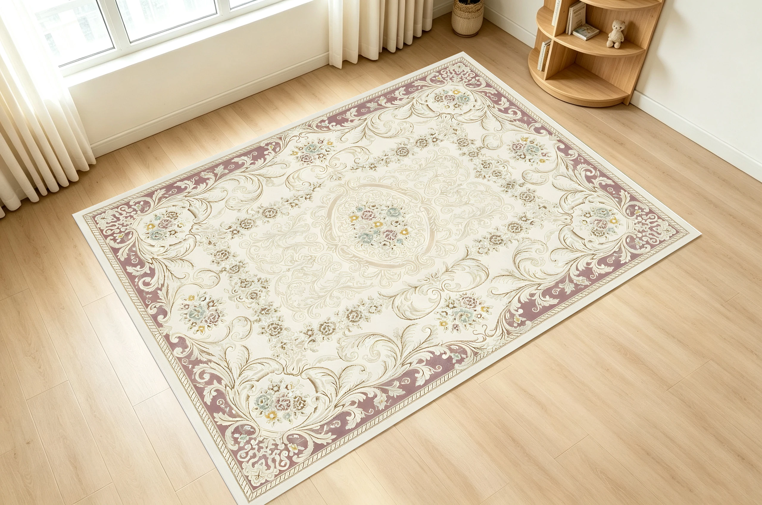 2D Off-White & Pink French Retro Rug with Smooth Texture for Living Rooms & Bedrooms The Retro European Floral Pattern
