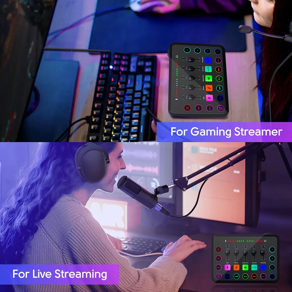 F11 Gaming Audio Mixer com microfone XLR, streaming, 4 canais, RGB, interface para jogo, voz, podcast