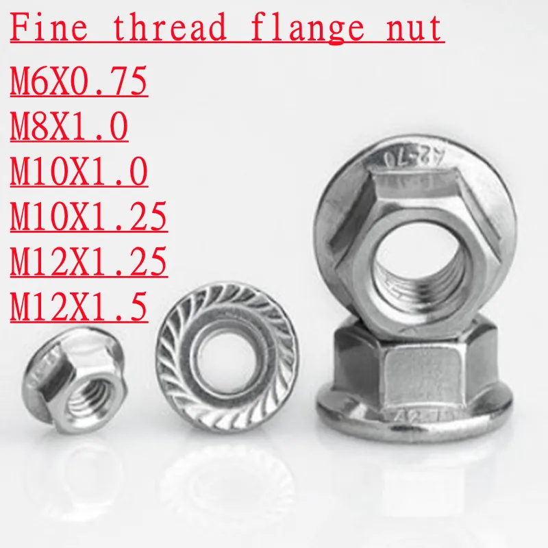 5PCS DIN6923 Stainless steel Fine thread Flange hex nut M8*1.0 M10*1.0 M10*1.25 M12*1.25 M12*1.5