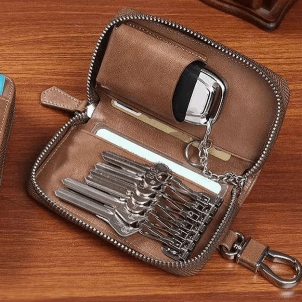 Image of Universell Passende Retro-Schlüsseltasche Modische PU-Leder Autoschlüssel-Geldbörse mit Reißverschluss und Schnalle Schlüsselaufbewahrungstasche