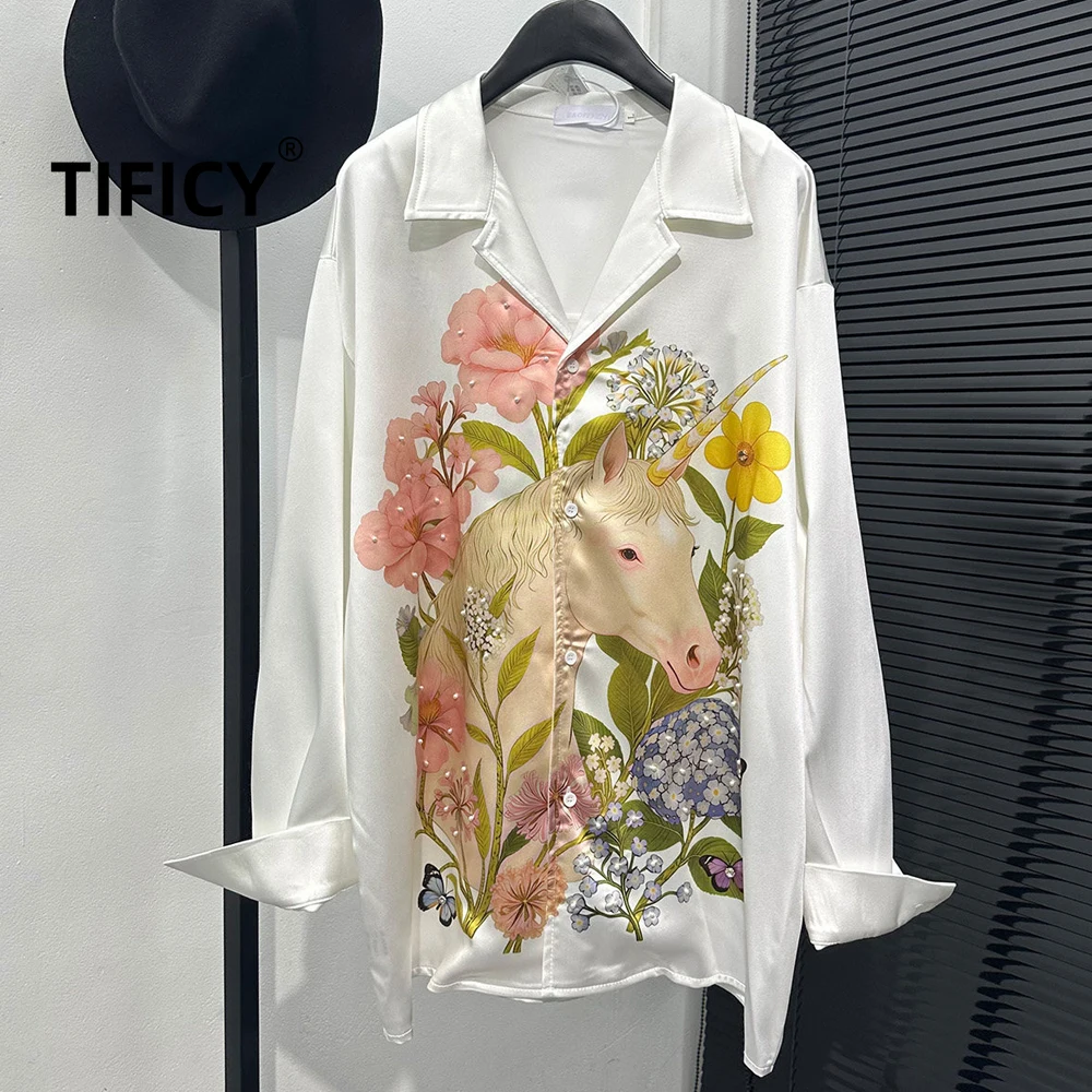 

High Street Light Luxury Unicorn Print Pearl Lapel Long Sleeved Shirt Men's White High-end No Streetwear Casual Iron Shirts Top