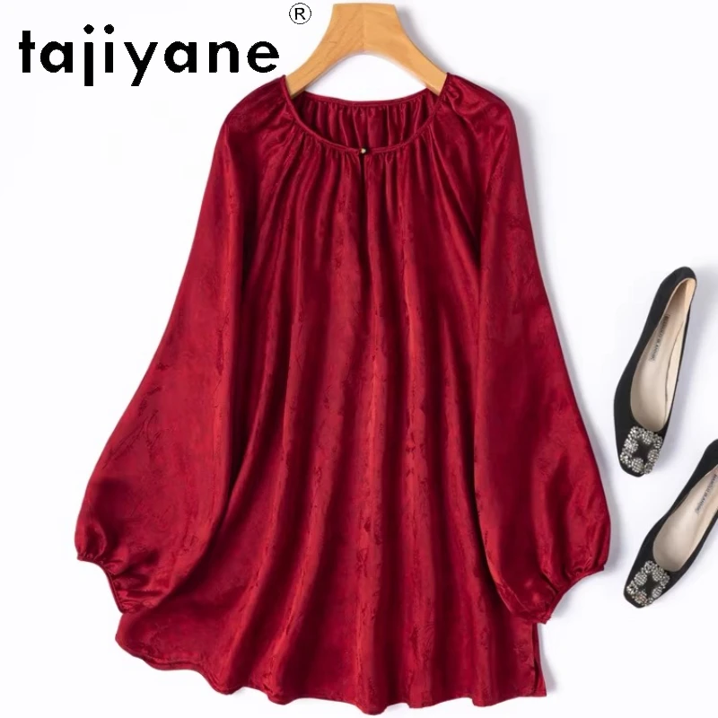 

TAJIYANE 20MM 100% Mulberry Silk Blouse for Woman Vintage Red Jacquard Shirt Lantern Sleeve Loose Women Tops Autumn Clothes 블라우스