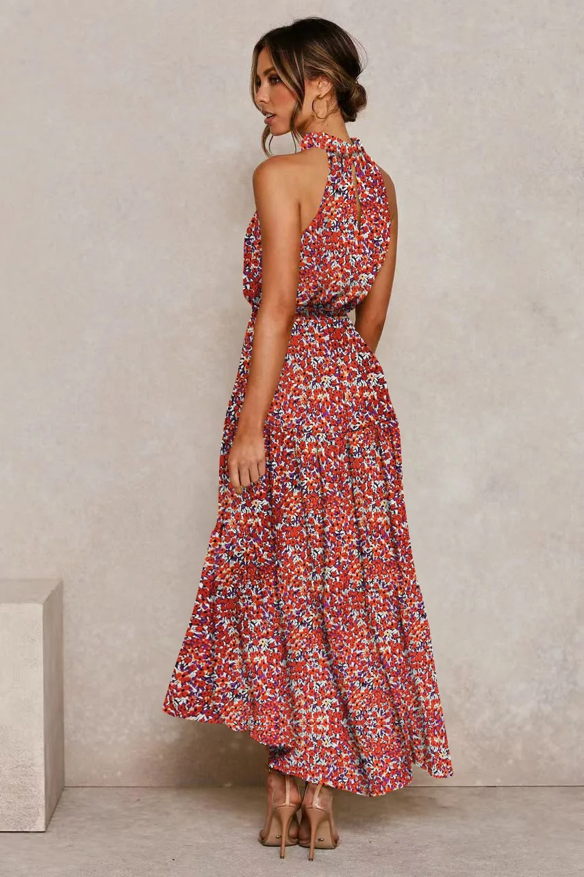 Women's Halter Neck Maxi Dress - Floral Print Boho Chic Smocked Waist Summer Beach Dress for Vacation Casual Wear