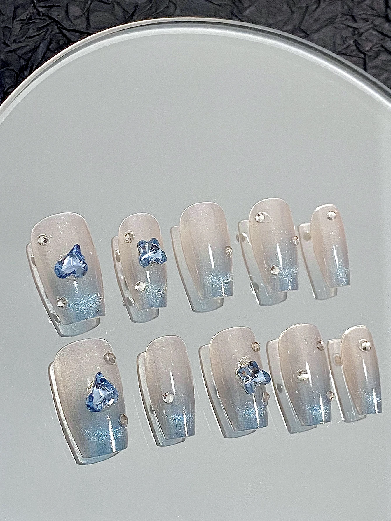 Sea Salt Blue Gradient Blue Diamond Butterfly Press-On Nails, 10-Piece Set, with a Jelly Glue Sheet and a Nail File