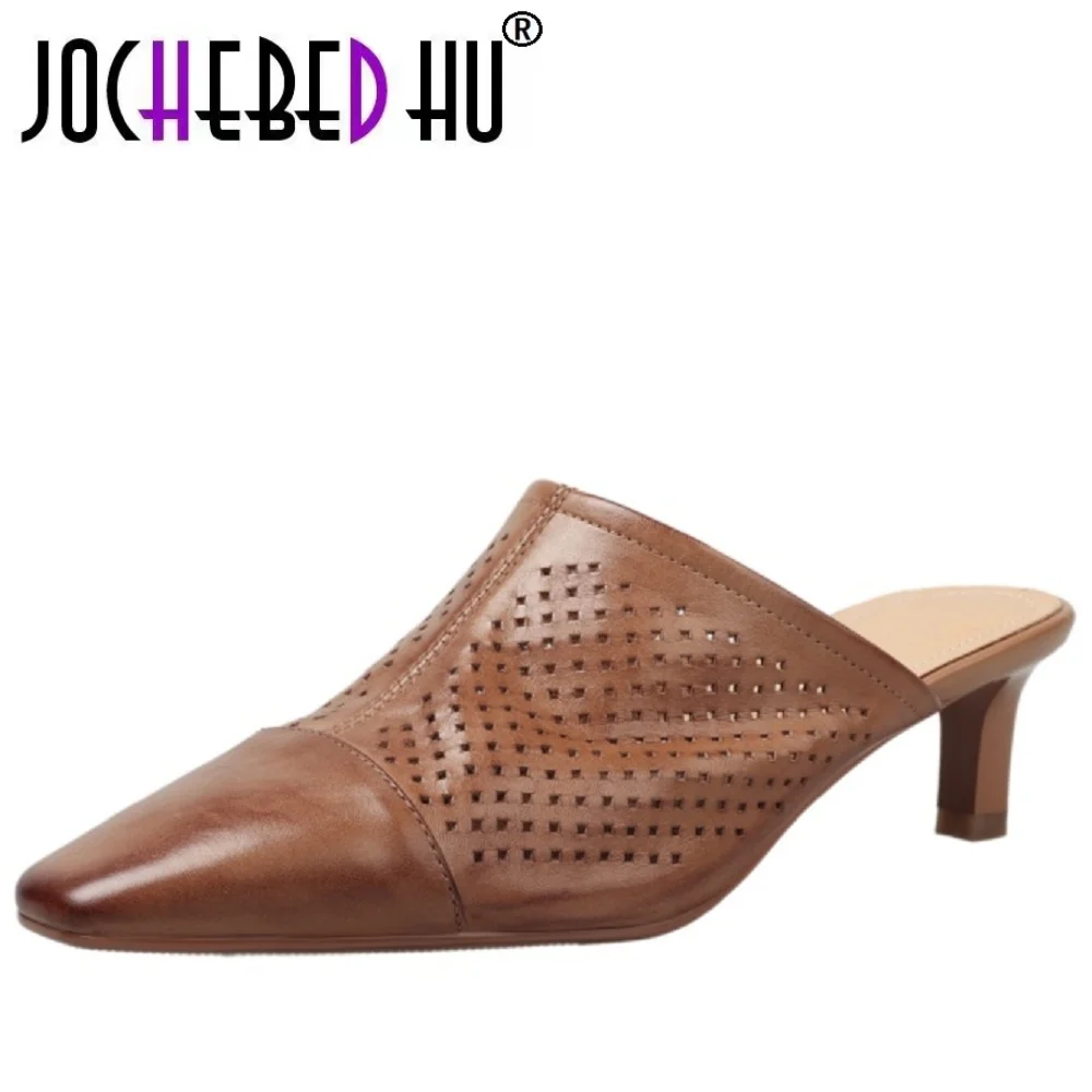 【JOCHEBED HU】Handmade Genuine Leather Slip On Closed Toe Women Hollow Out Slipper Square Toe Mid Heel Slides Summer Slides 34-40