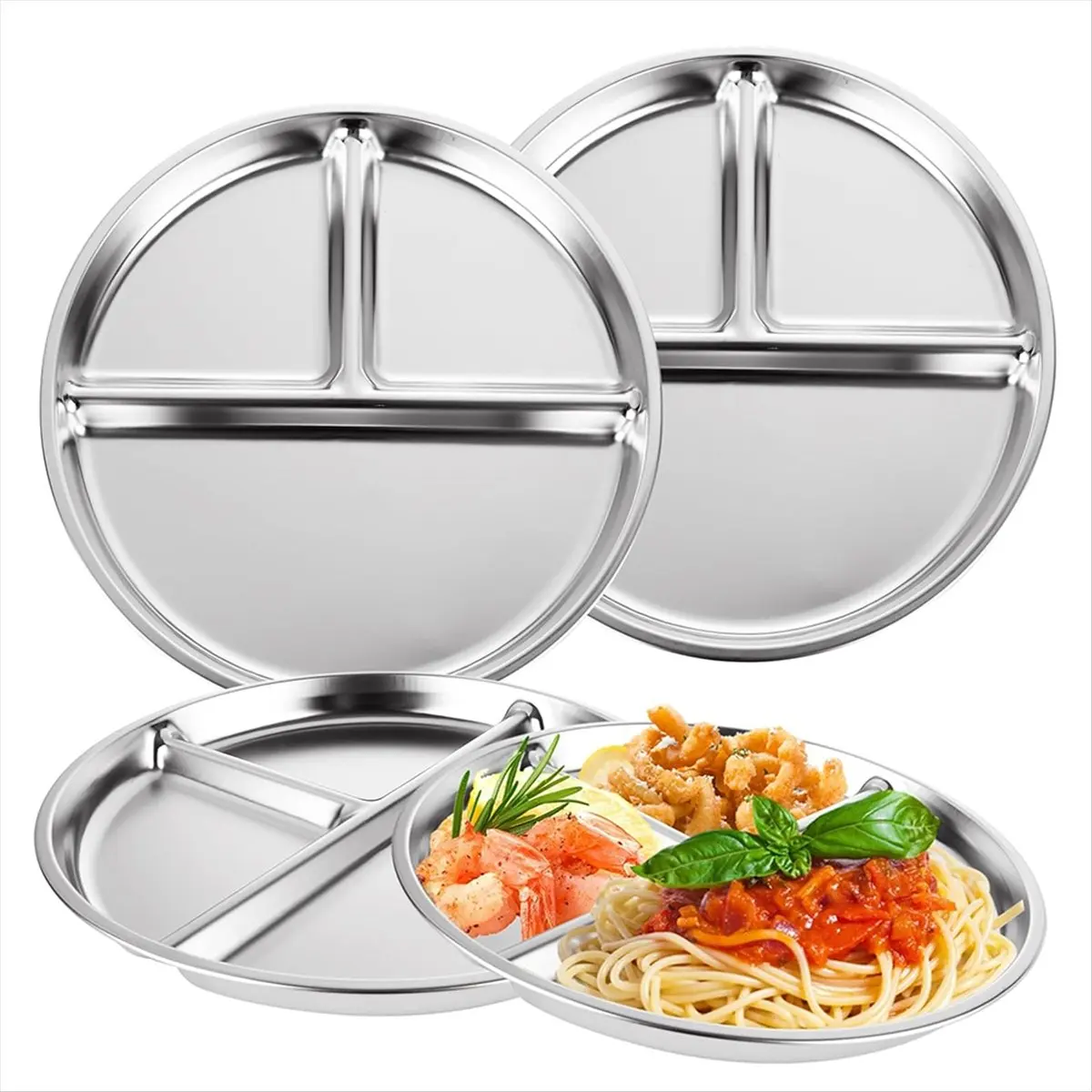 2025 High Quality 3 Pack Stainless Steel Divided Plates, 3 Compartment Portion Control, 9Inch Reusable Dinner Mini Trays
