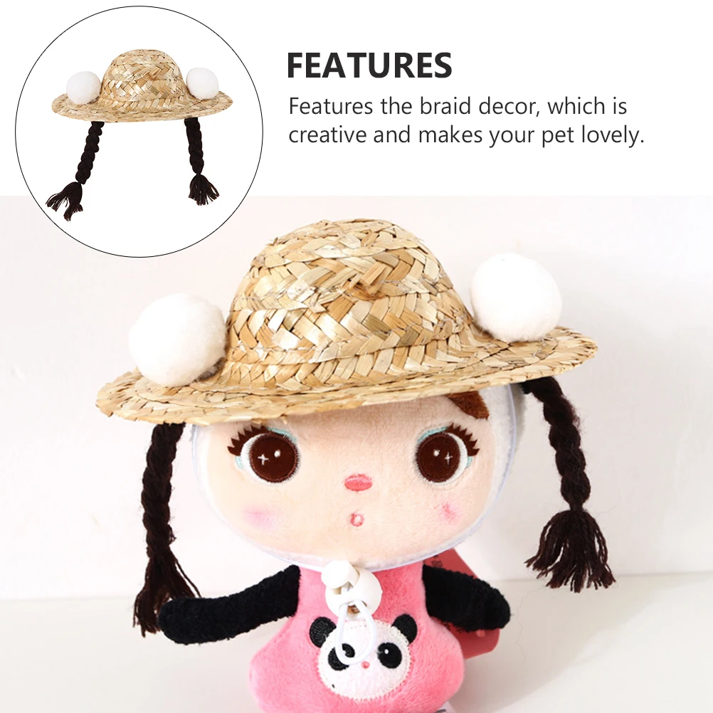 

Braided Straw Hat Woven for Pet Decor Cat Summer Dress Up Prop Sunshade Supply Lovely