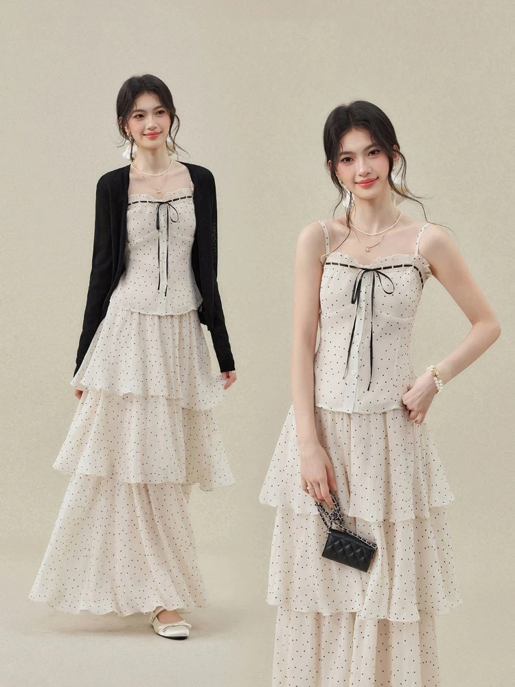 

French style seaside vacation style three piece set solid color knitted cardigan+polka dot camisole+high waist long skirt