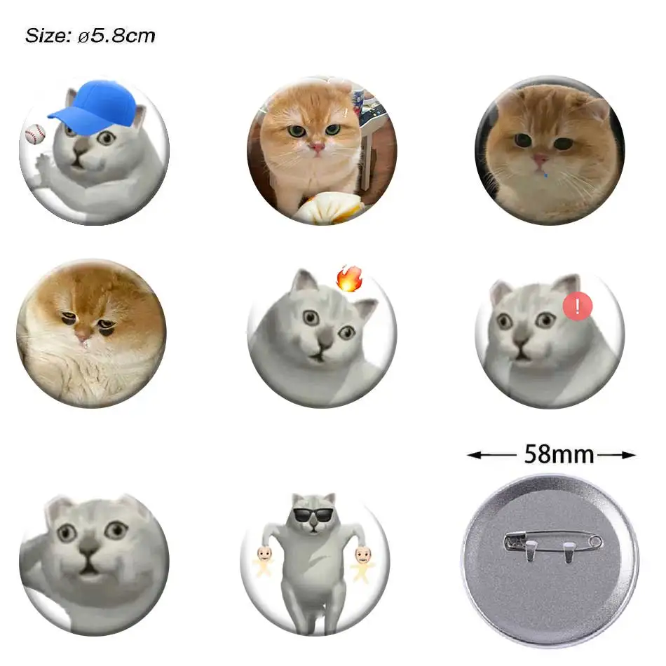 Funny Cat Memes Pins Cute Round Snap-in Button Meme Badge Metal Brooch for Bag Hat Backpack Clothes Accessories Gifts Toys