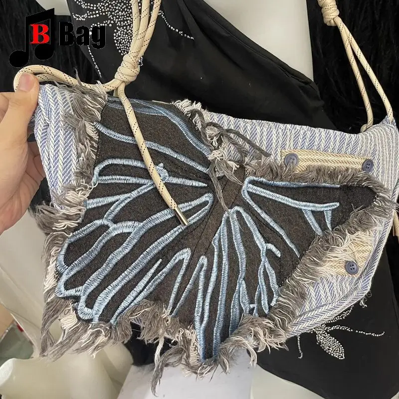 Y2k Girl Vintage Harajuku Lolita Punk Women's Butterfly Denim Subculture Large Capacity  Handbag One Shoulder CrossbodyBag Tote