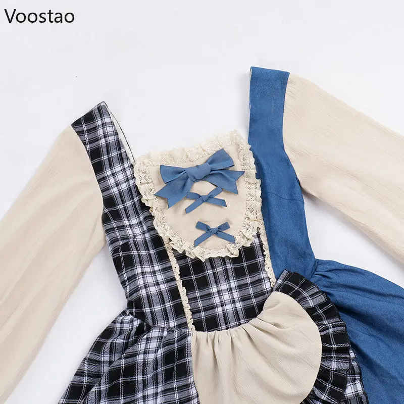 Japanese Sweet Bow Lolita OP Dress Women Kawaii Plaid Ruffles Patchwork Denim Party Dresses Girls Gothic Y2K Punk Mini Dress