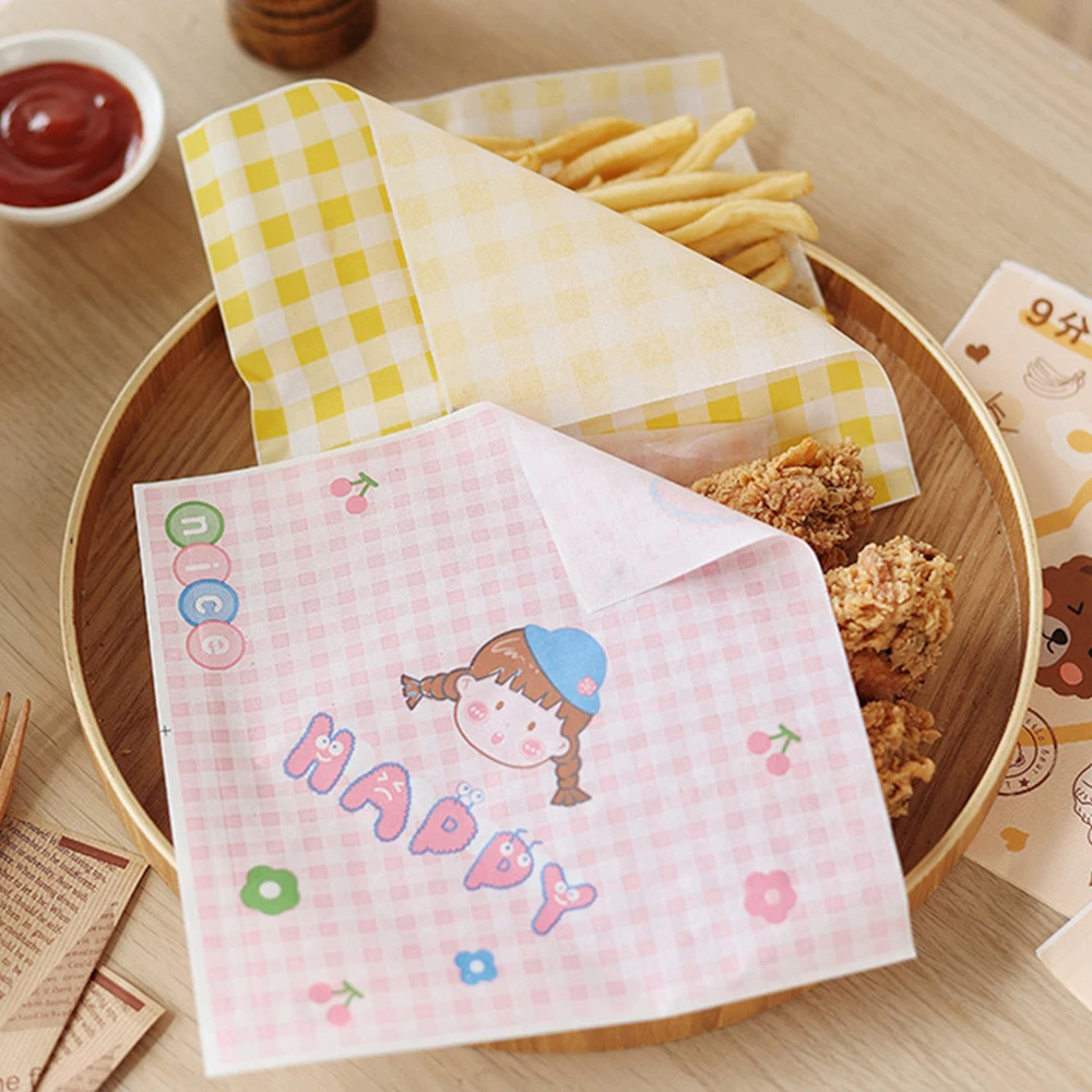 50PCS Oil-proof Paper Pattern Pad Paper Food Wrapping Paper Sandwich Donut Bread Wrapper Hamburger Paper Oil-absorbing Paper