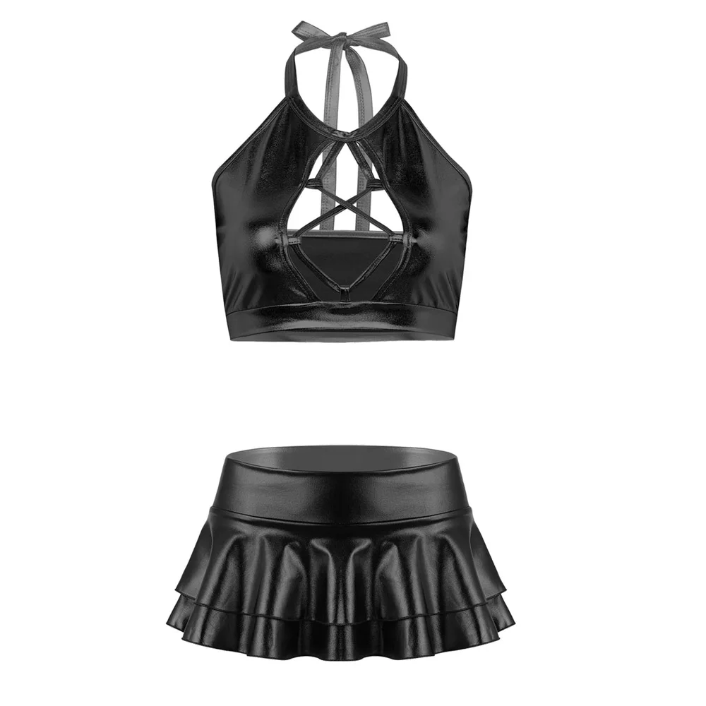 Two Piece Sets Womens Outifits Clothing Set Shiny Metallic Rave Erotic Halter Crop Top Bra Vest With Faux Leather Mini Skirt XXL