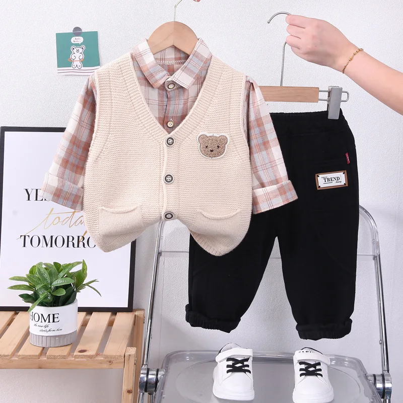 Spring Autumn Western Baby Infant Boys Clothes for Kids Boy Cartoon Knitted Cardigan Sweater Vest + Plaid Shirts + Pants Outfits