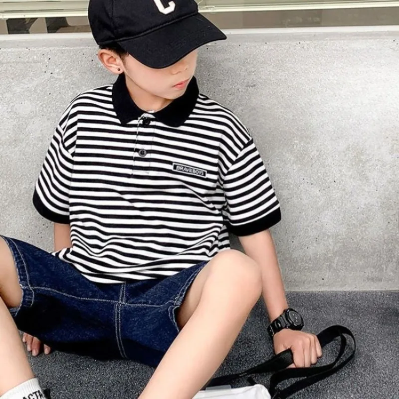 

Kids' Striped Polo Shirt Short Sleeve Black White Unisex Big Kids Teens Korean Style T-Shirt Top Summer Casual Wear