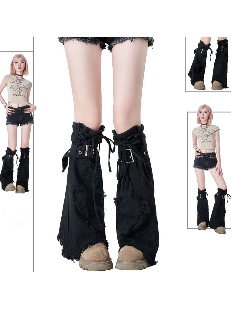 y2k-black-denim-leg-cover-socks-slimming-drawstring-pile-cross-design-trumpet-shoe-cover
