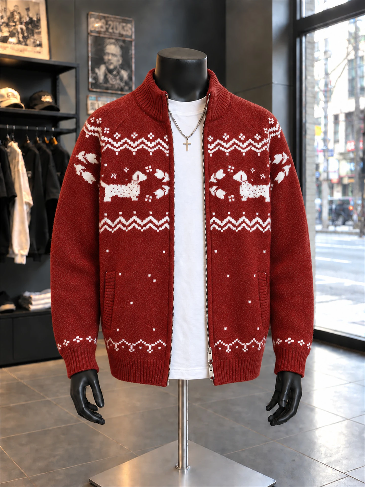 Loose Christmas Pattern Knitted Cardigan Men's Sweater Fair Isle Style Stand Collar Long Sleeve Warm Outerwear for Autumn Winter