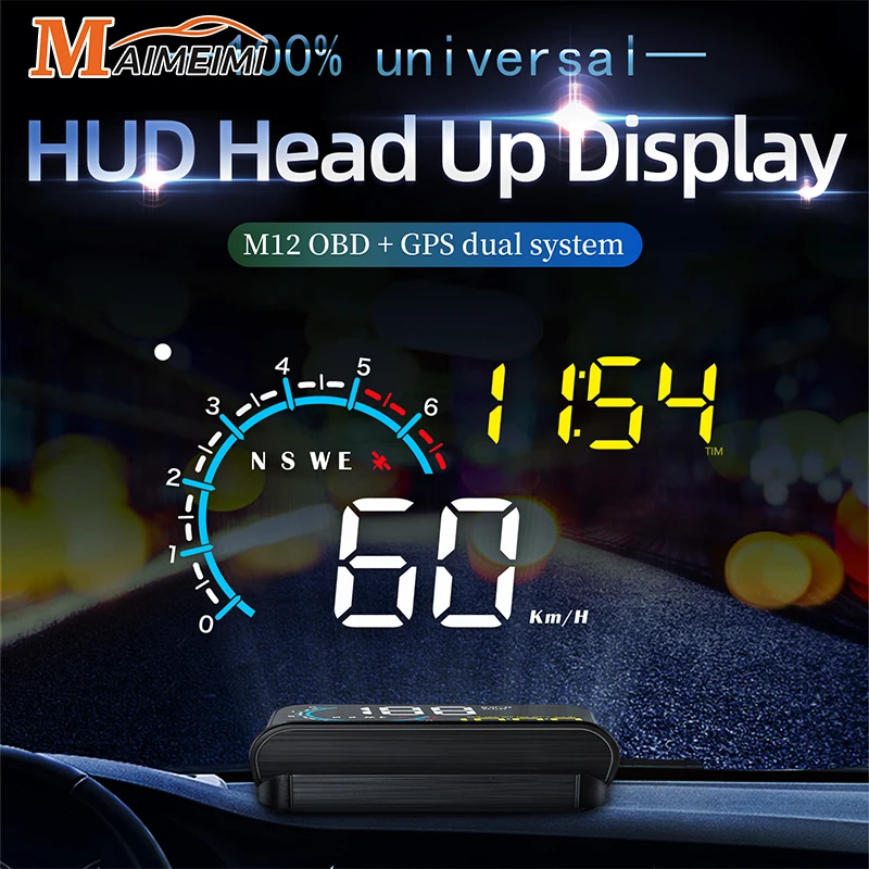 M12 Car Head Up Display OBD + GPS HUD Display Digital GPS Speedometer Water Temp Voltage Fuel Tacho Speed Alarm Electronic Part