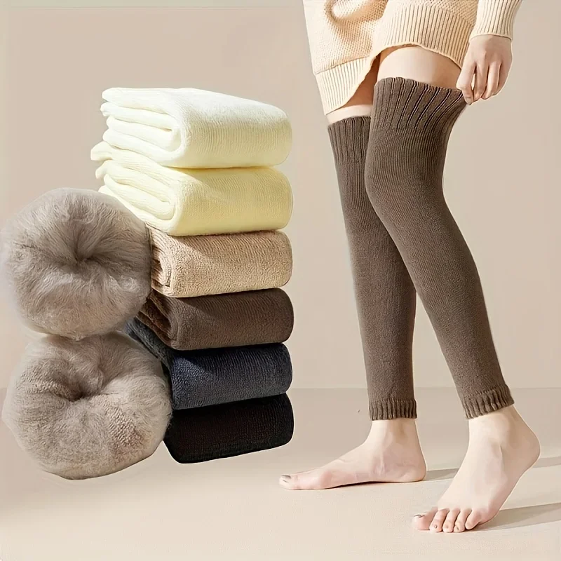 1Pair Winter Leggings Thickened Knee High Stockings Windproof Plush Lined Thermal Elastic Outdoor Cozy Women Warm Leg Covers