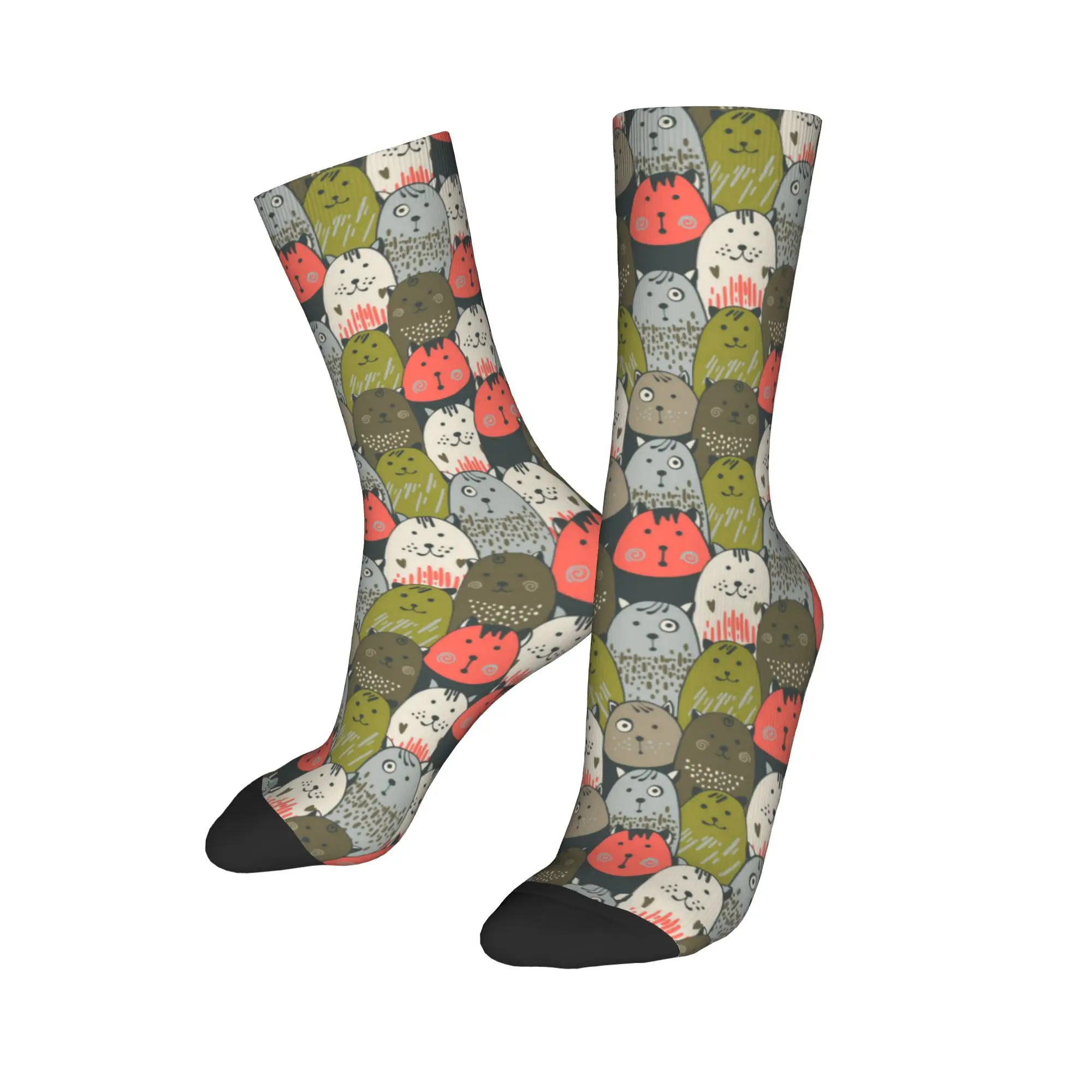 Niedliche Katzen-Tier-Cartoon-Socken, Lässige Strümpfe für Männer, Weiche Atmungsaktive Radsocken, Herbstliche Grafik-Antirutsch-Socken