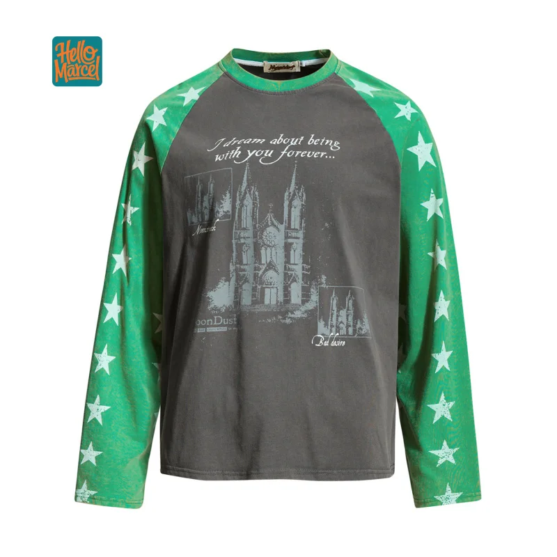 HELLOMARCEL EU US Size Luxury Quality Casual T-Shirt High Street Retro Castle Print Raglan Sleeve T-Shirt For Men Women