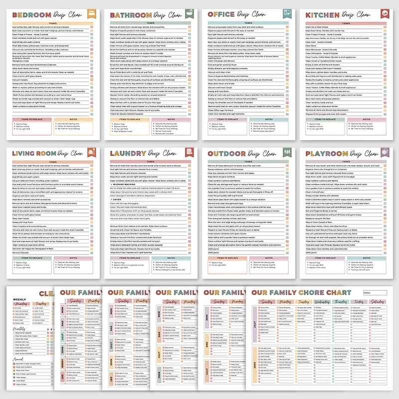 Kit de planification de nettoyage pour la maison - Comprend un calendrier de nettoyage domestique, un plan de nettoyage hebdomadaire/mensuel, des conseils de nettoyage toute l'année, et des outils de nettoyage ménager.