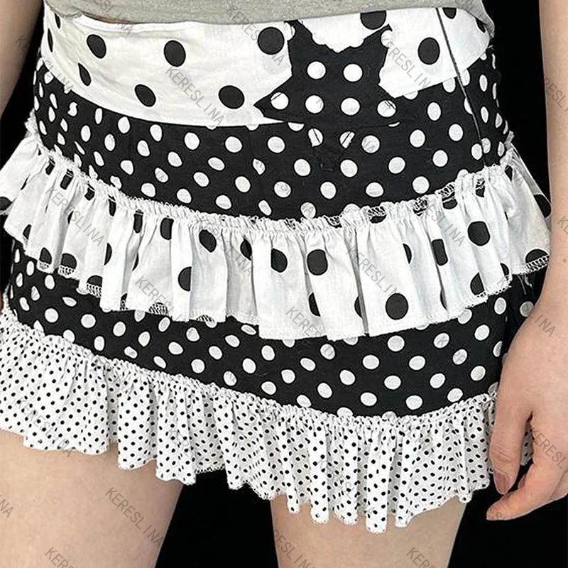 

American retro black/white polka dot multi-layer cake skirt pentagram splicing sweet cool style spicy girl half body short skirt