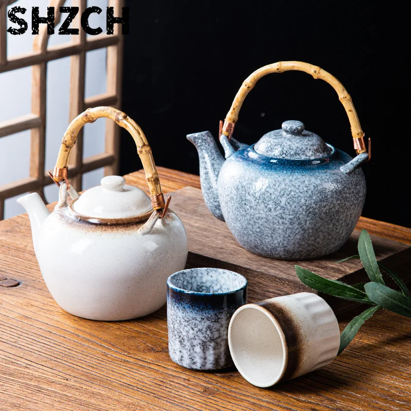 Japanese Ceramic Tea Set Retro Bamboo Handle Teapot with Cups Heat-Resistant Water Pot for Home & Restaurant Durable Tea Ware