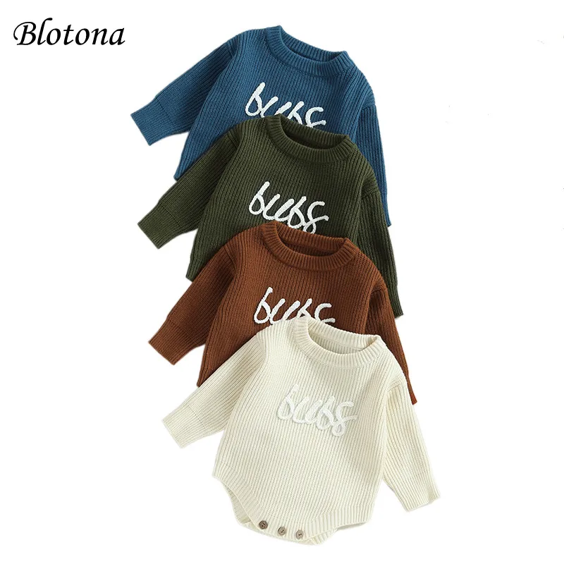 

Newest Newborn Baby Knitted Long Sleeve Autumn Winter Sweater Romper, O-Neck Letter Embroidered Crotch Button Bodysuit, 0-24M