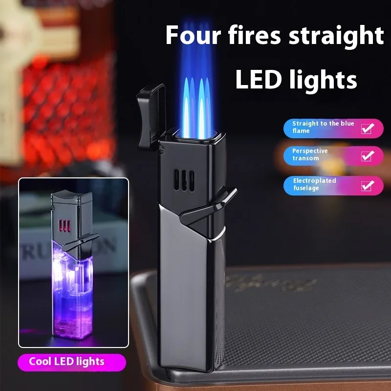 Metal Lighters Led Color Lights Perspective Gas Window Lighters Inflatable Rocker Lighters Windproof 4-Flame Cigar Accessories