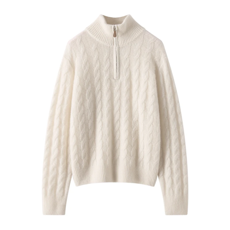 

MEETCC New Women's 100% Cashmere Pullover Zipper Collar Cable Knitted Sweater Autumn Winter Soft Warm Cashmere Knitwear Tops