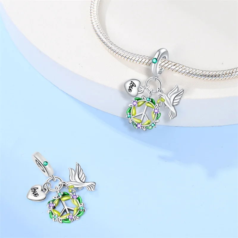 New 925 Sterling Silver Pray World Peace Dove Charms Pendant For Women Fit Original Bracelet DIY Birthday Party Jewelry Gifts