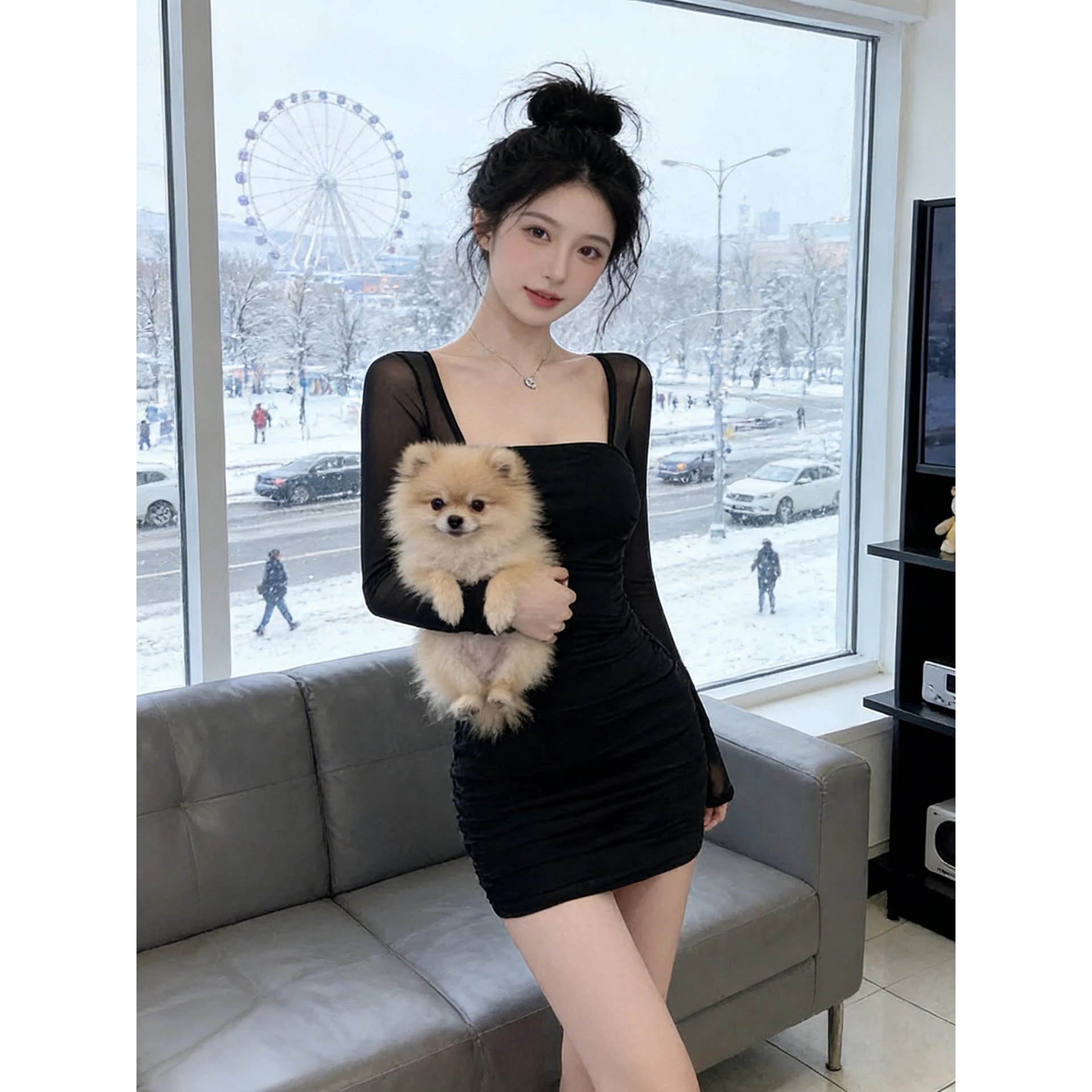 Elegant Black  Dress U-Neck Bodycon Skirt Sexy Sexy Nightclub Short Skirt Spring Early Age Reduction Elastic Wrap Dress