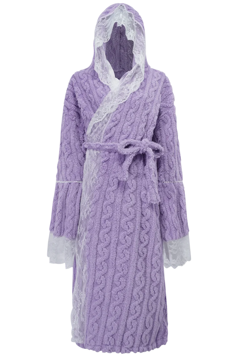 Women's Fuzzy Hooded Robe, Lace Trim Plush Bathrobe, Soft Fluffy Loungewear for Winter