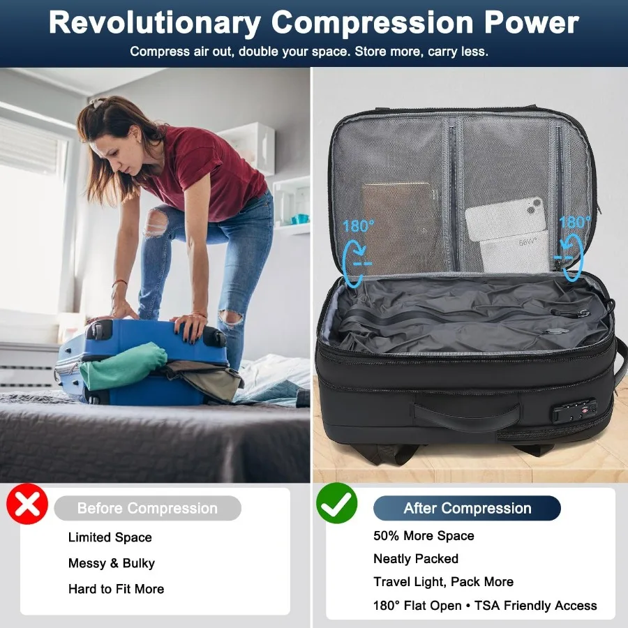 حقيبة ظهر مفرغة للسفر 60L قابلة للتوسيع فراغ الختم ضغط حقيبة السفر مع مضخة TSA مقاوم للماء أكسفورد 17 "كمبيوتر محمول مقارنة #3