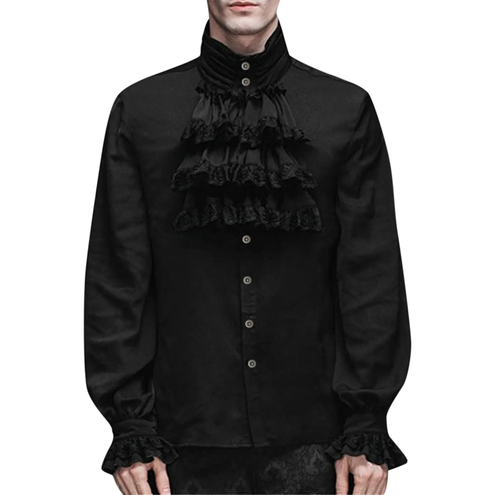 Gothic Vintage Lace Shirt Mens Ruffle Stand-Up Collar Long Sleeve Shirt Victorian Elegant Single Breasted Shirts Cosplay Costume