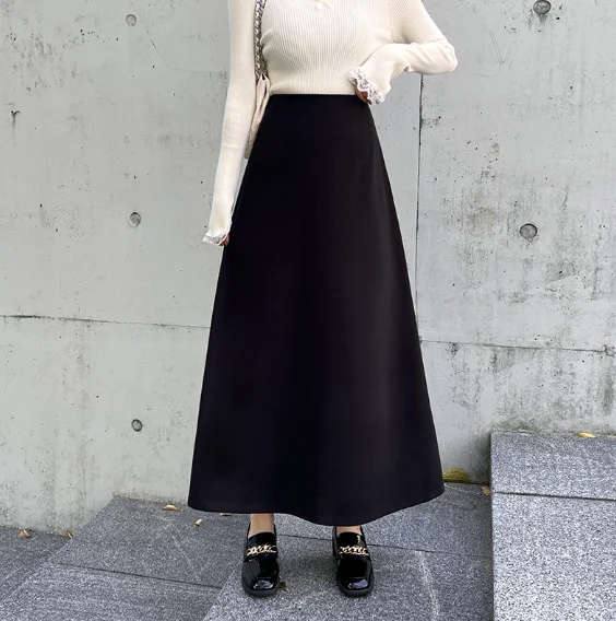 2026 Korean Solid Color Skirts Women New High Waist Woolen Skirt Autumn and Winter Female Long A-line Umbrella Skirt U472