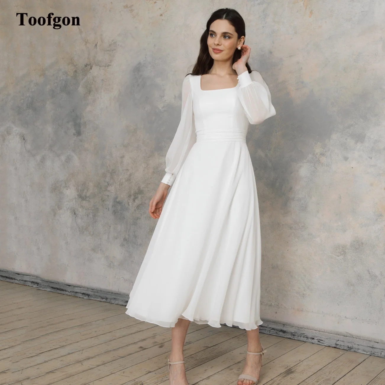 

Toofgon Ivory Organza Short Wedding Dresses Peincess Long Sleeves Square Women Bridal Gowns Formal Prom Party Evening Dress