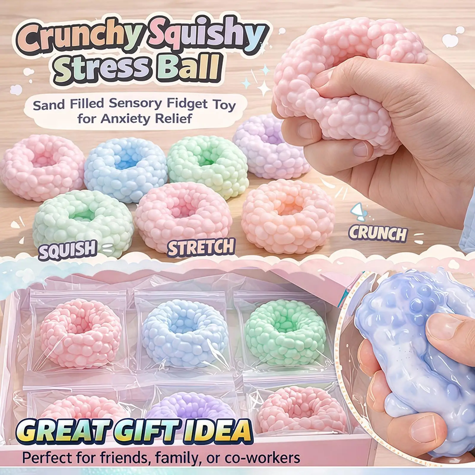 New Crunchy Sand Stress Ball Stress Reliever Squeeze Ball Fidget Toy For Kids Adults Students Relaxing Studying Working Office