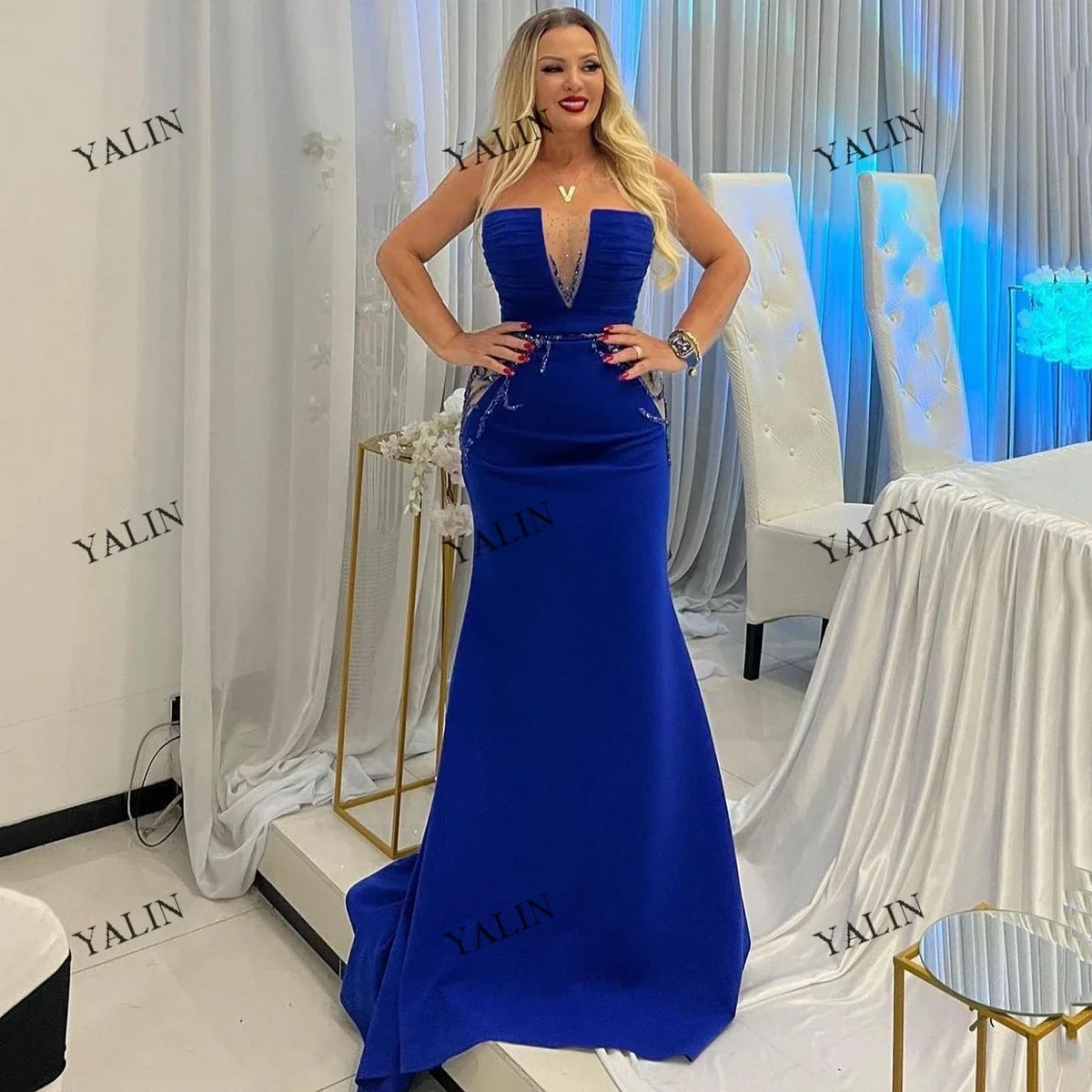 

YALIN Formal Royal Blue Prom Dresses Floor Length Illusion Mermaid Wedding Guest Gowns Sexy Sequined Appliques Celebrity Dress