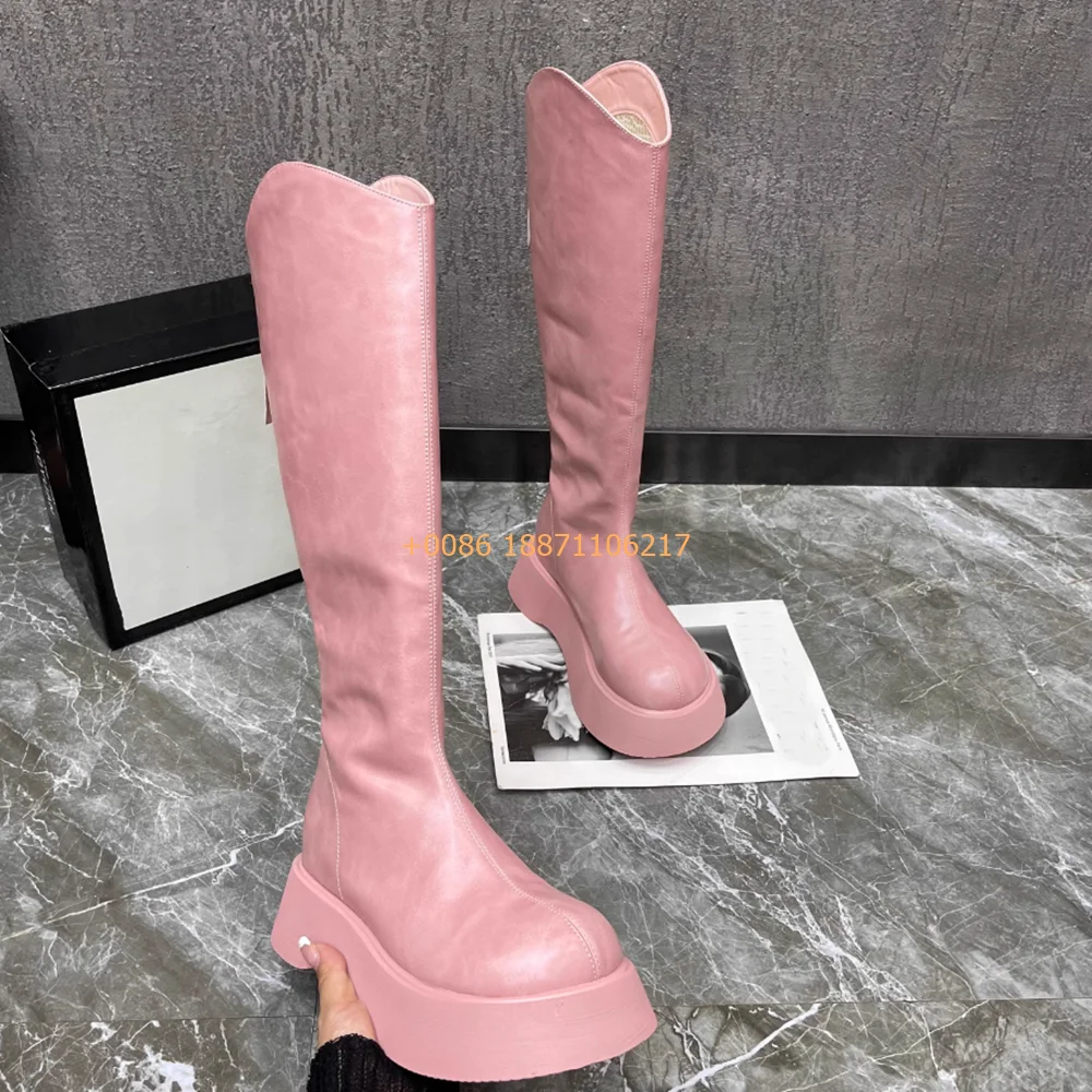 

Women's Genuine Leather Sexy Boots 2024 Autumn New Fashion Thick Sole Round Elegant Knight Boots Solid Color Casual Zip Boots