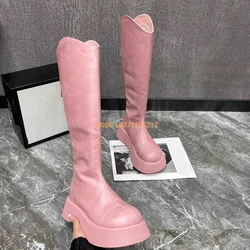 Women's Genuine Leather Sexy Boots 2024 Autumn New Fashion Thick Sole Round Elegant Knight Boots Solid Color Casual Zip Boots