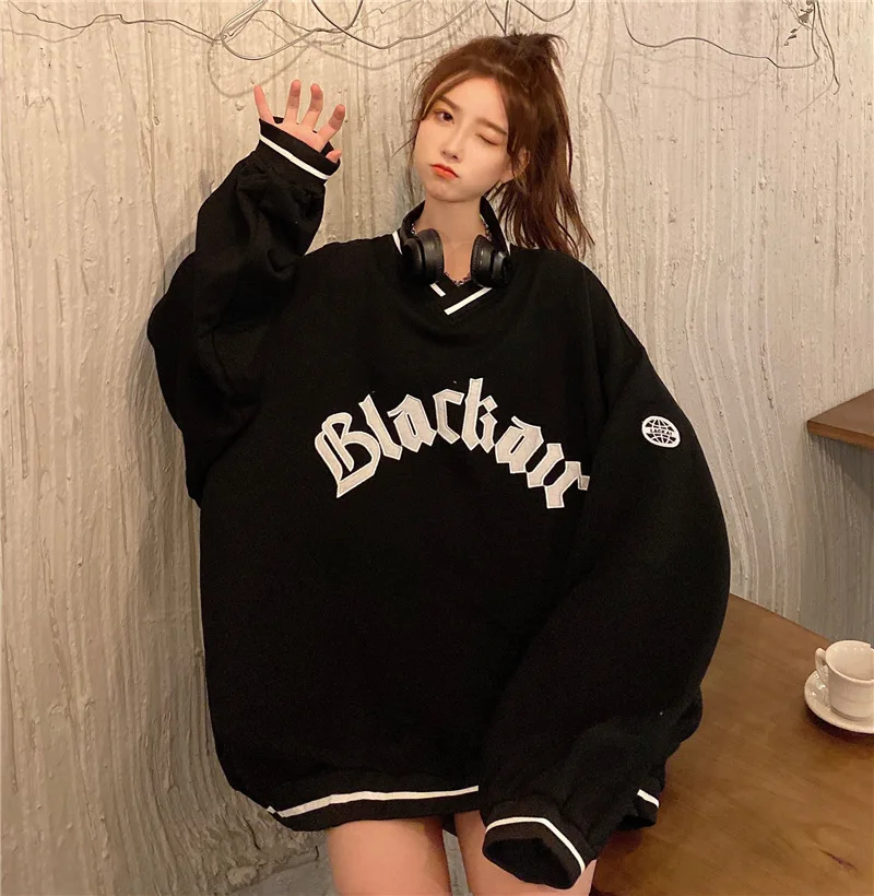 Formal DressesColored V-Neck Baseball Top Women\'S 2024 Autumn/Winter New Loose Letter Plush Thickened Long Sleeve Sweater