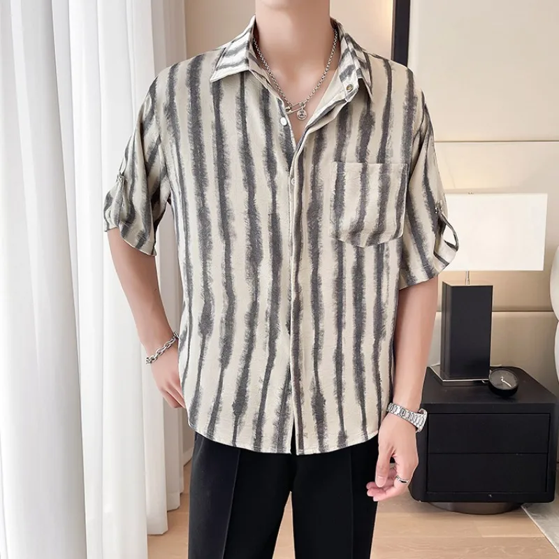 2024 Zomer Mesh Koele Halve Mouwen Shirts Heren Strepen Losse Casual Shirt Mode Veelzijdige Tops Social Streetwear Shirt