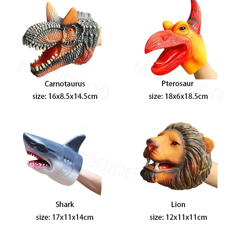 Marionetas de mano con cabeza de dinosaurio suave para niños, modelo de cabeza t-rex realista, juguete de tiburón, Jurass, parque de animales, juguetes del mundo de dinosaurio para niño