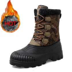 High Top Winter Camouflage Boots Warm Thick Plush Men Outdoor Walking Shoes Waterproof Snow Boots Men Cotton Shoes Men Lace Up