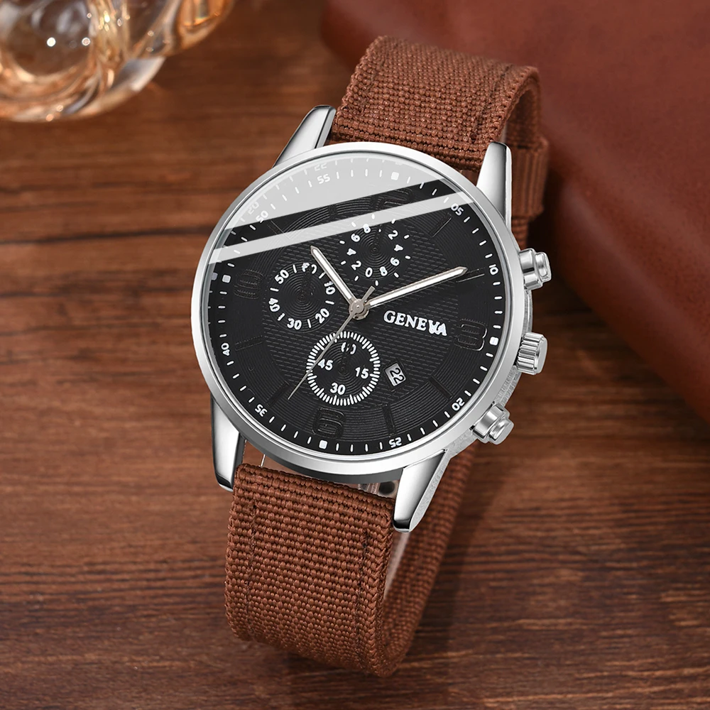 4PCS Brown Men Watch Fashionable Luxury Mechanical Element Dial Quartz Wristwatch Leather Strap Watch Jewelry Set Gift For Him